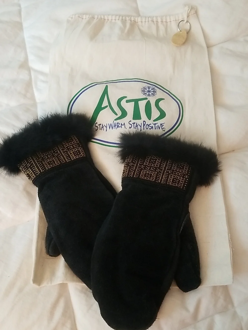 Astis Black Suede Fur-Trim Mittens with Beaded Cuff